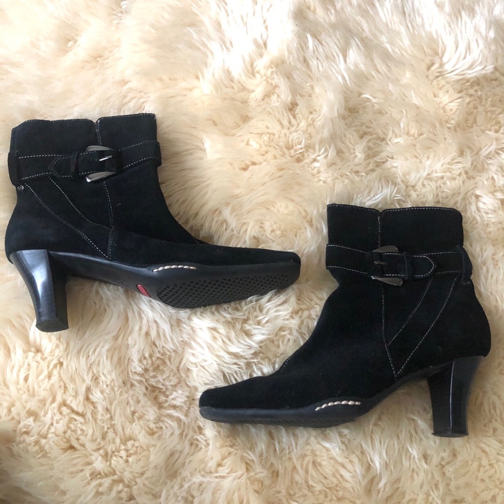 Vintage Leather Suede Square Toed Ankle Booties with Comfort Heel